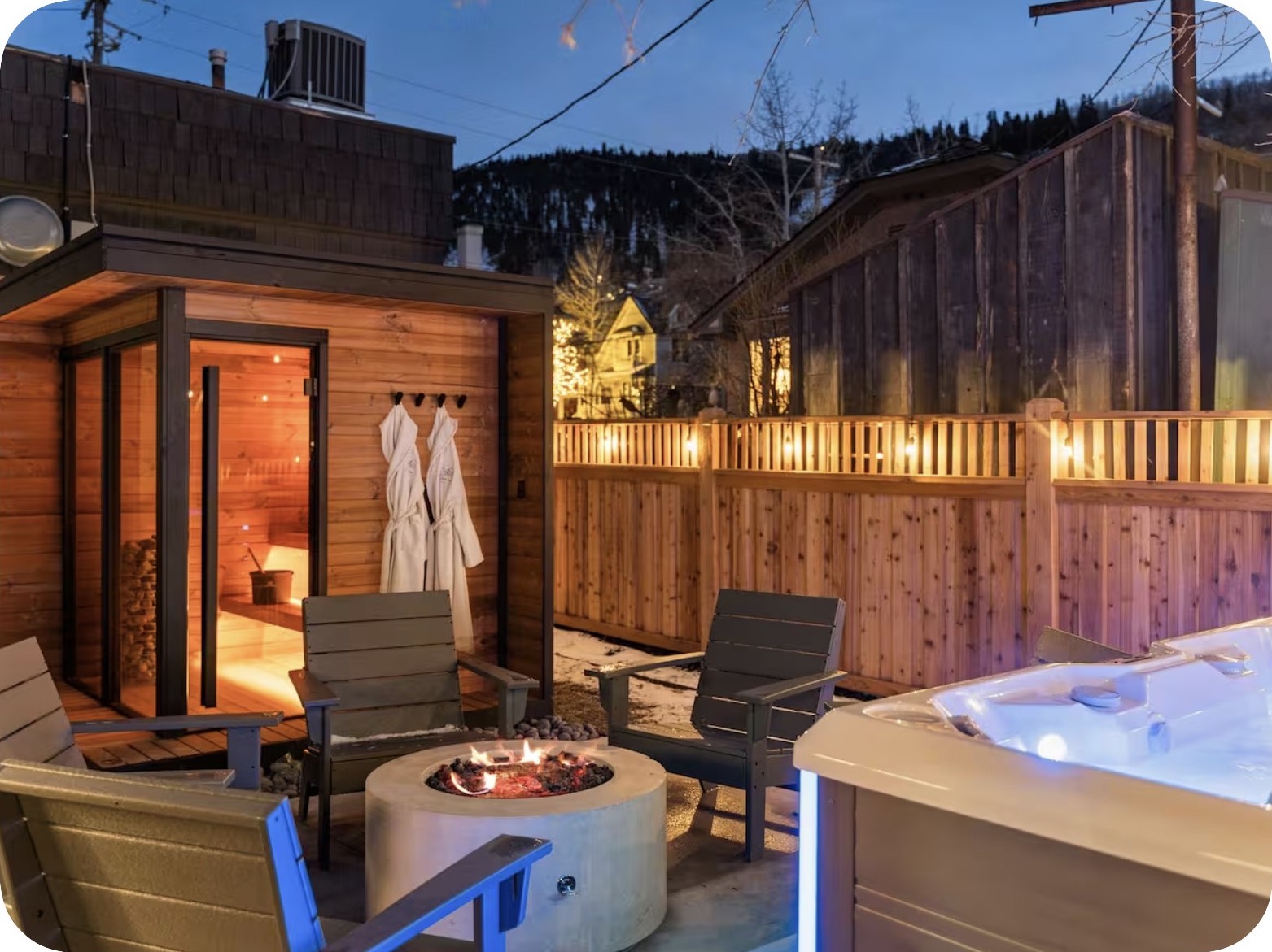Private garden with hot tub, sauna, and fire pit